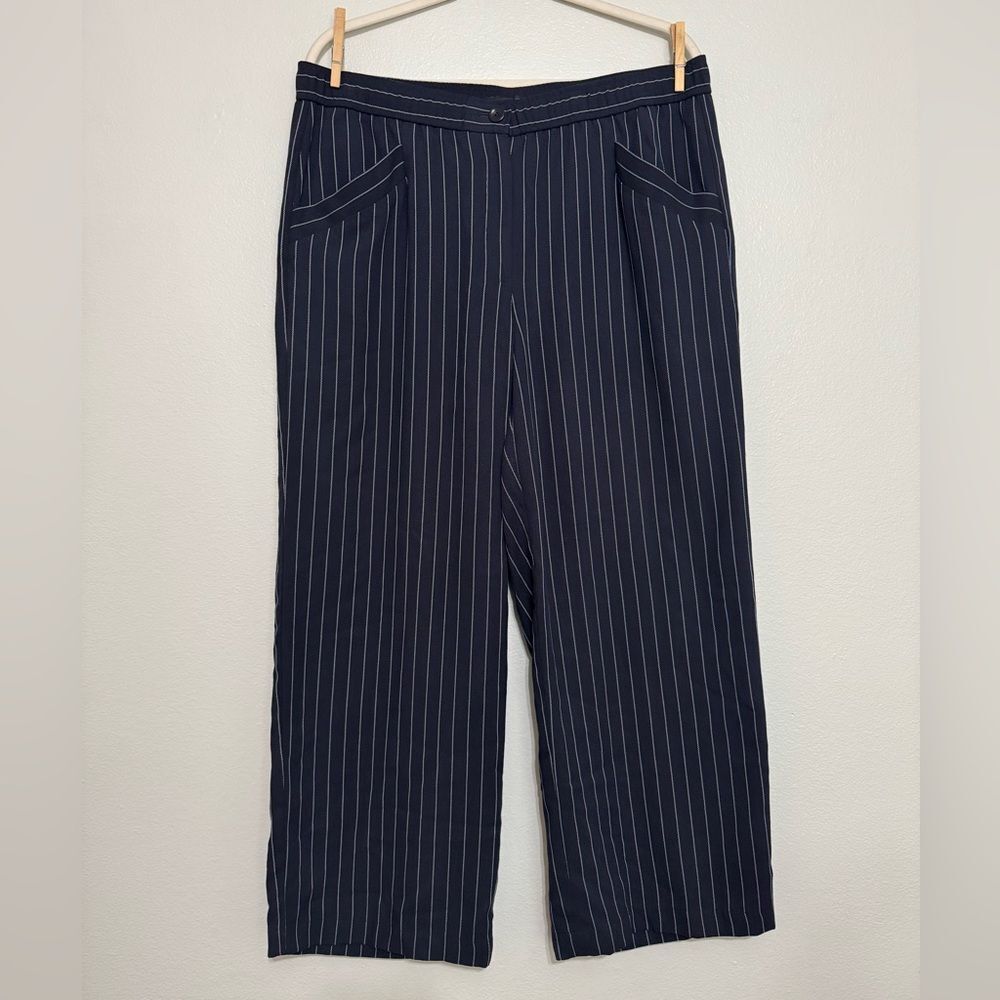 Eileen Fisher Tencel Wide Leg Pant in Indigo Pin Stripe - Medium - Picture 3 of 6